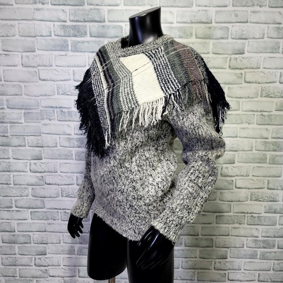 Vintage 80s Mariea Kim Size M Knit Fall Sweater V Fringe Trim Boho Southwestern - Picture 2 of 5